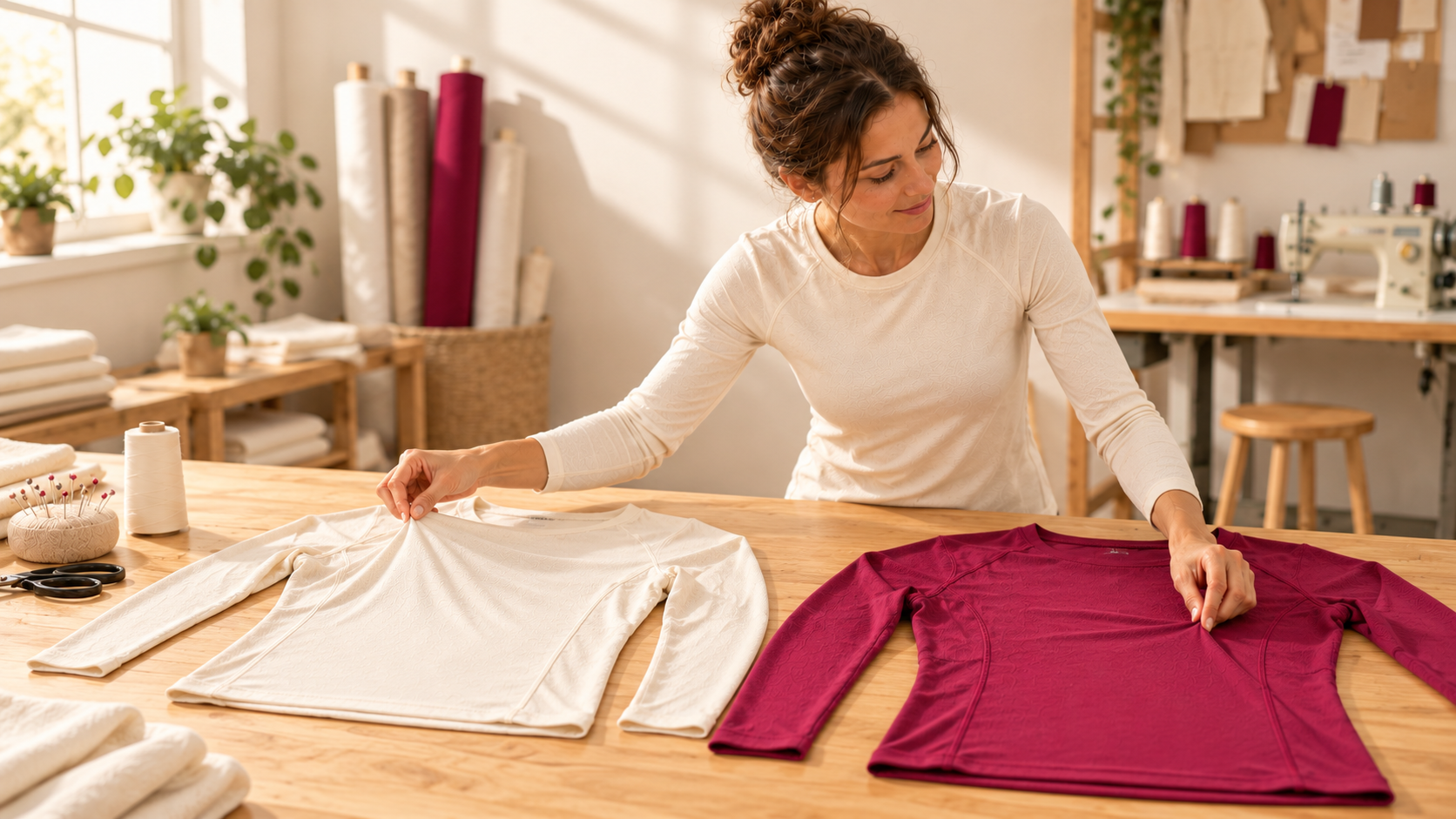 Una mujer compara dos camisetas técnicas de manga larga, una crema y otra buganvilla, extendidas sobre una mesa de corte en un taller textil luminoso.