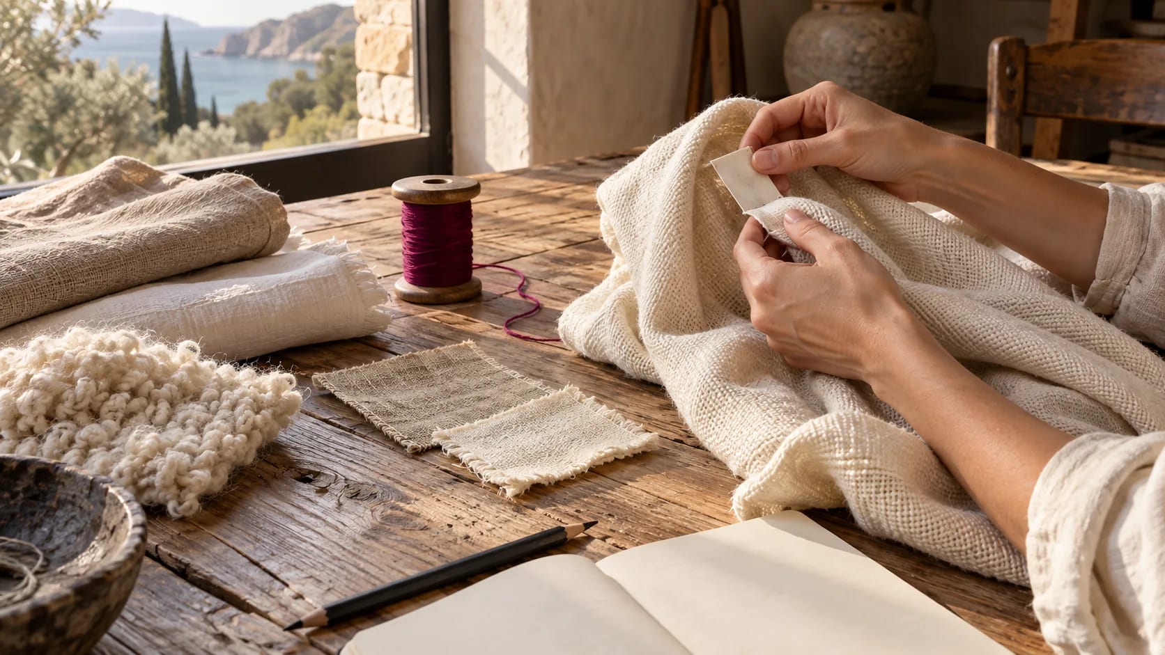 Unas manos leen una etiqueta entre muestras textiles sobre una mesa.